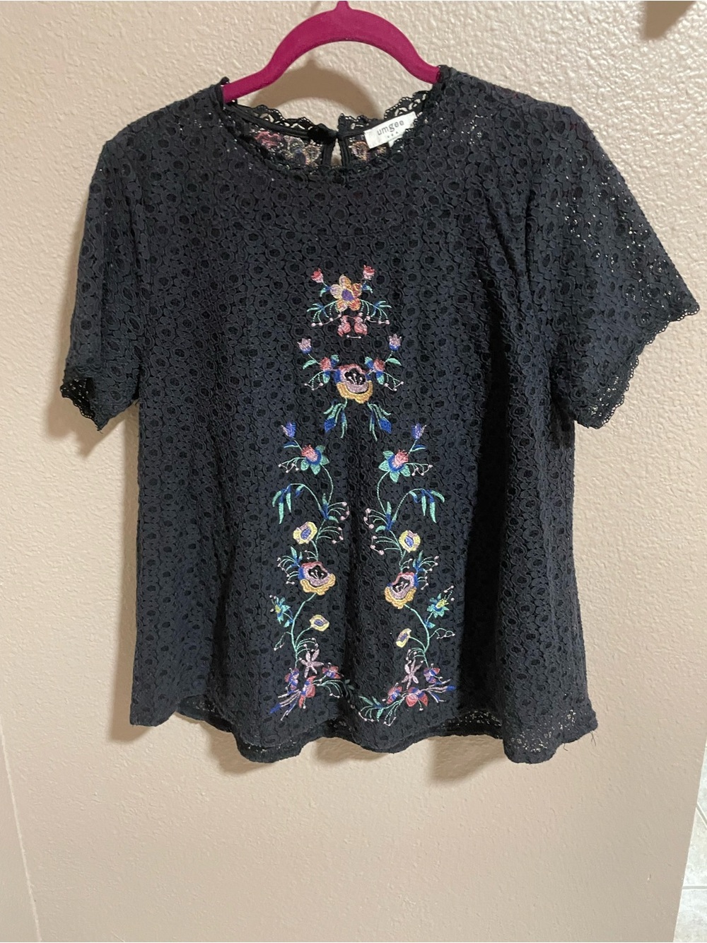 Umgee Black Crochet Lace Top with Floral Embroidery